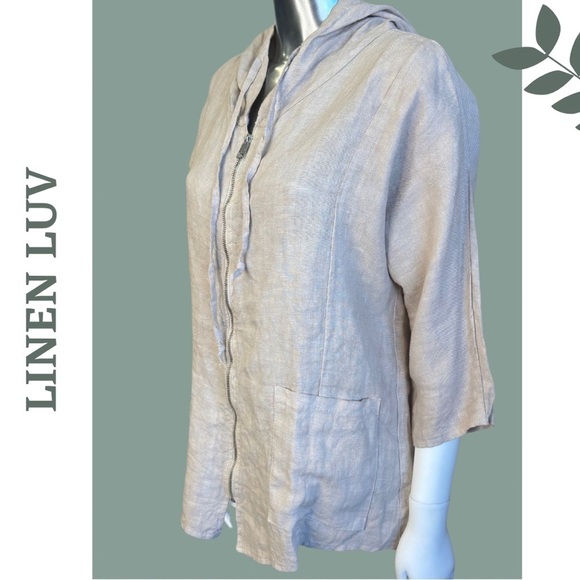 Linen Luv Zipper Front Hooded Jacket Front Pockets Natural Unlined - Picture 3 of 7